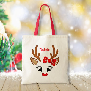 Cute Girl Reindeer Face With Name Tote Bag