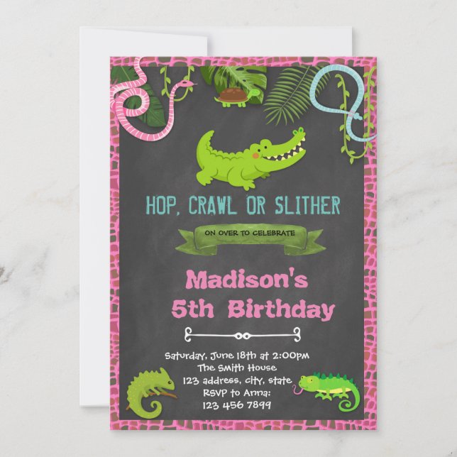 Cute girl reptile party invitation (Front)