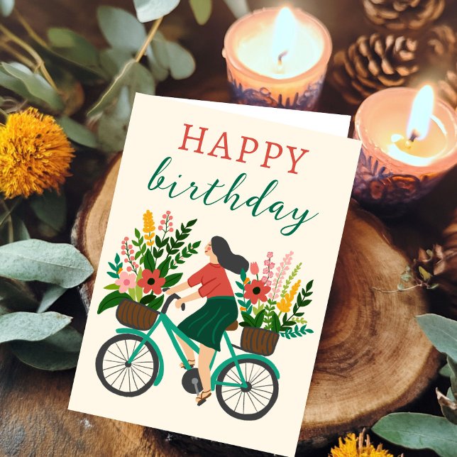 Cute Girl Riding Bicycle w Flowers Happy Birthday Card (Cute Girl Riding Bicycle w Flowers Happy Birthday Card
)