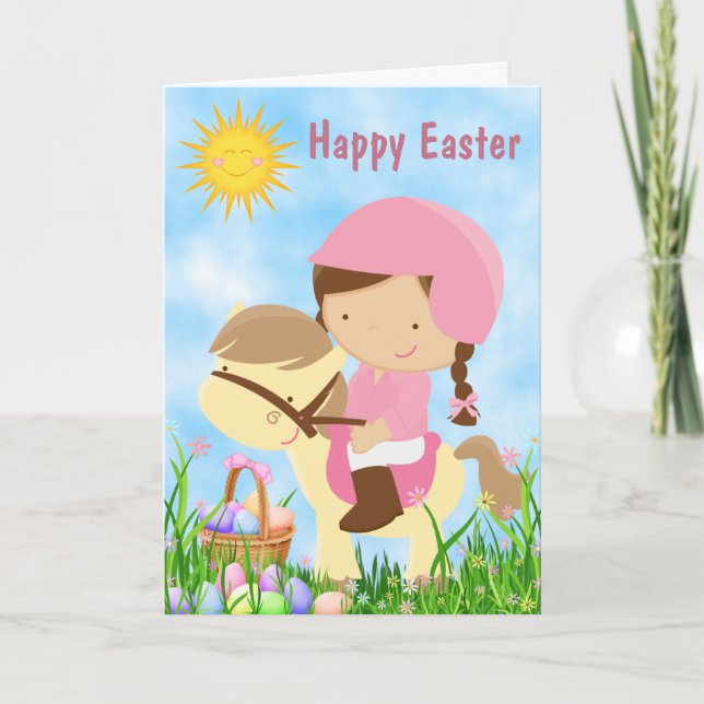Cute Girl Riding Her Pony ~ Horse Happy Easter Card (Front)