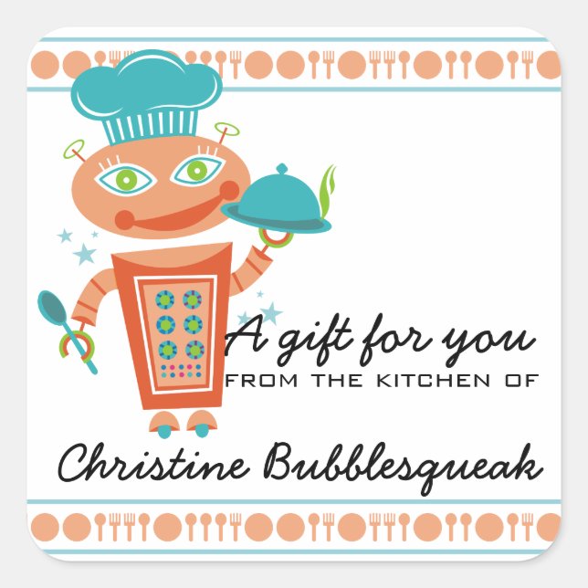 Cute girl robot chef food service catering cooking square sticker (Front)