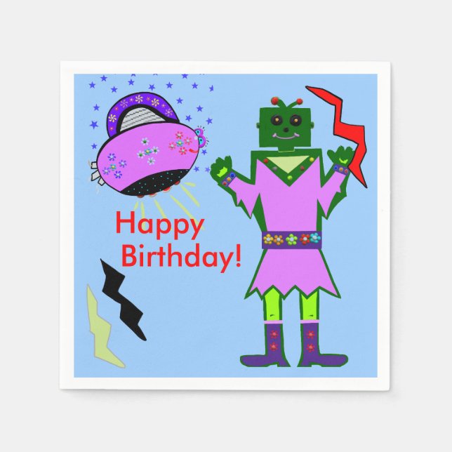Cute Girl Robot Pink Spaceship Birthday Napkins (Front)
