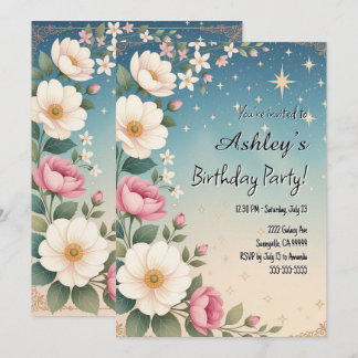 Cute Girl’s Space & Flower Themed Birthday Party  Invitation