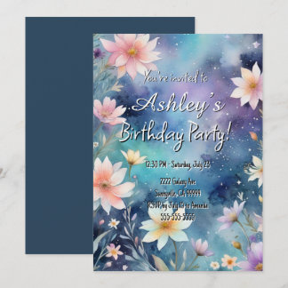 Cute Girl’s Space & Flower Themed Birthday Party  Invitation