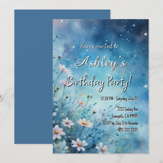 Cute Girl’s Space & Flower Themed Birthday Party  Invitation