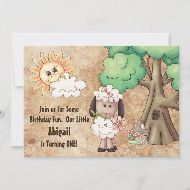 Cute Girl Sheep and Flowers 1st Birthday Invite (Front)