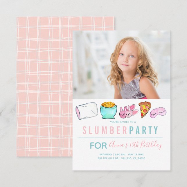 Cute girl slumber party sleep over birthday invite (Front/Back)