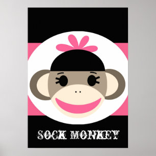 Cute Girl Sock Monkey Black Pink Stripes Poster