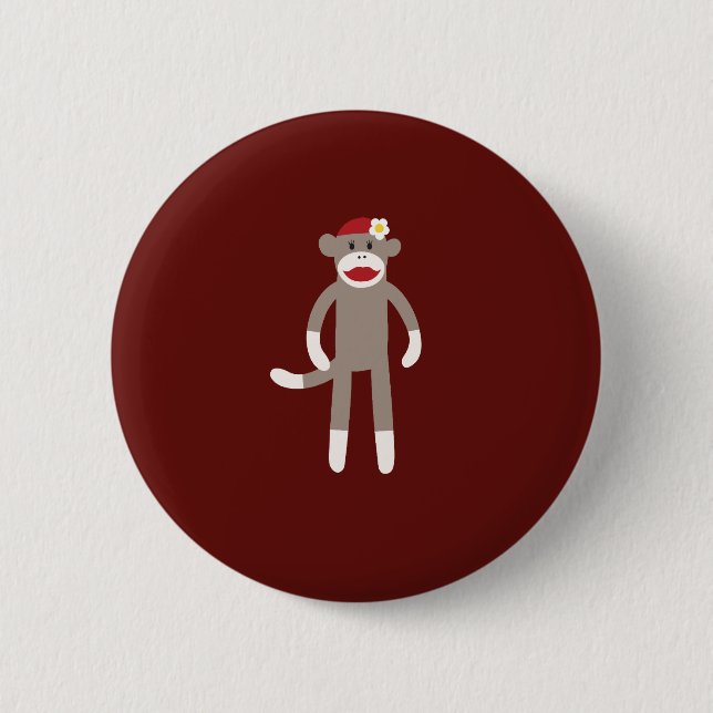 Cute Girl Sock Monkey on Red 2 Inch Round Button (Front)