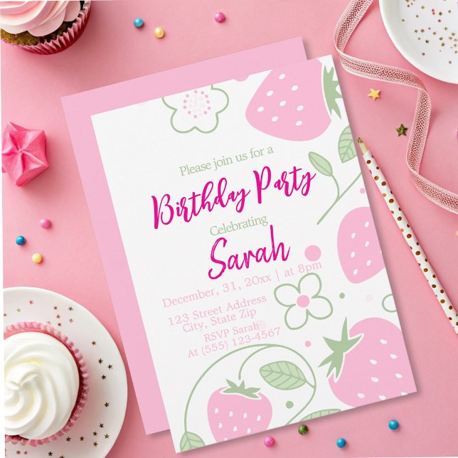 Cute Girl Strawberry Pink Birthday Party  Invitation (Creator Uploaded)
