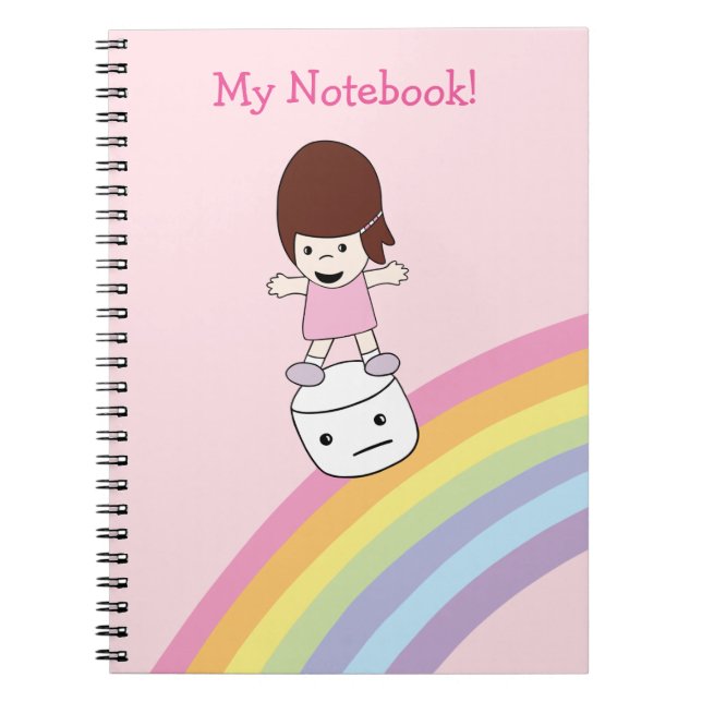 Cute Girl Surfs Rainbow on Marshmallow Notebook (Front)