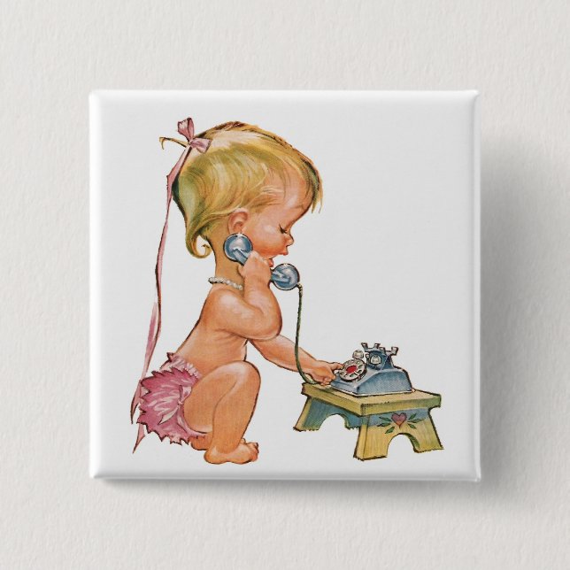 Cute Girl Talking on Phone 2 Inch Square Button (Front)