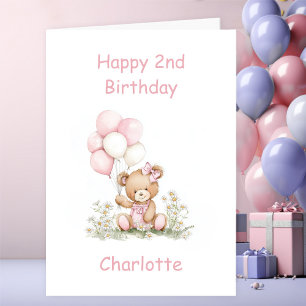 Cute Girl Teddy Bear 2nd Birthday Card