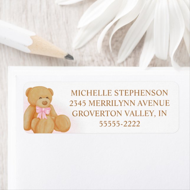 Cute Girl Teddy Bear Pink Bow Label (En situation)