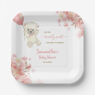 Cute Girl Teddy Bear Watercolor Pink Baby Shower Paper Plate