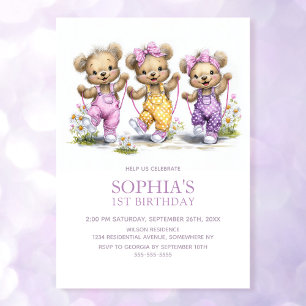 Cute Girl Teddy Bears Jump Rope 1st Birthday Party Invitation