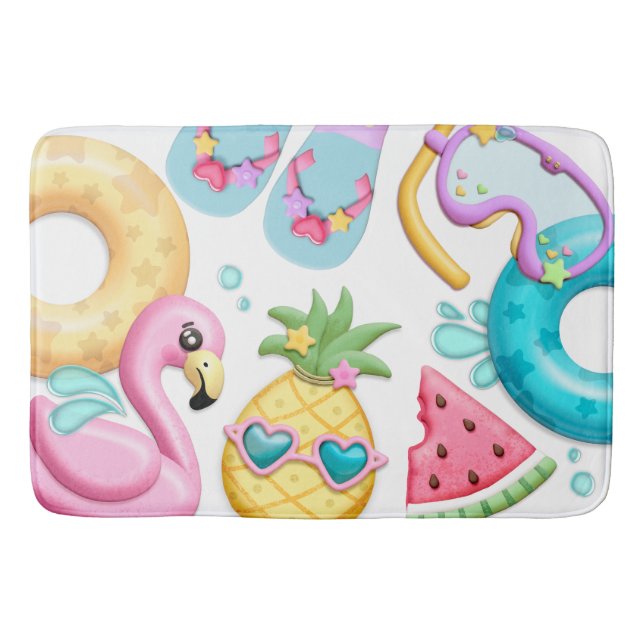 Cute Girl Tropical Beach Flamingo  Bath Mat (Front)