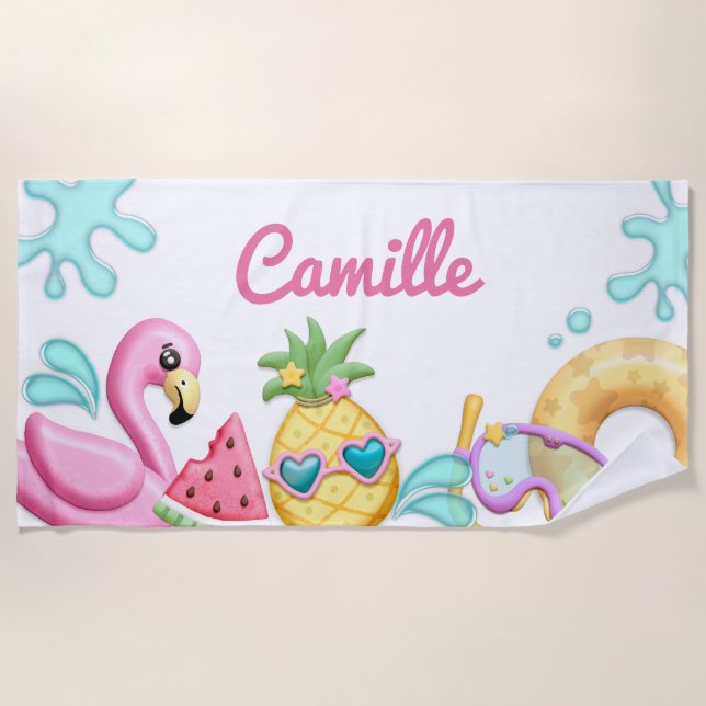 Cute Girl Tropical Flamingo Personalized Beach Towel (Front)