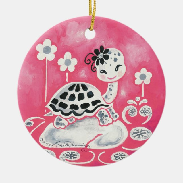 Cute Girl Turtle With Flowers And Swirls Ceramic Ornament (Front)