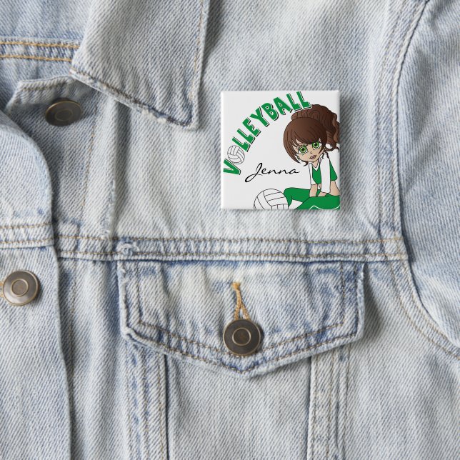 Cute Girl Volleyball Player in Green 2 Inch Square Button (In Situ)
