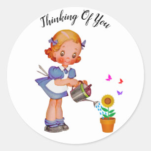 Cute Girl Watering Sunflower Thinking Of You Classic Round Sticker