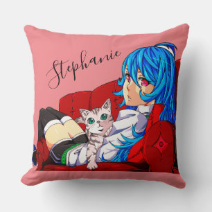 Cute Girl With A Cat Personalized  Throw Pillow