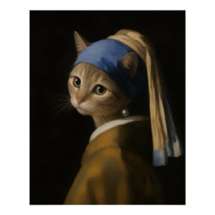 Cute Girl With a Pearl Earring Cat Cartoon Art Poster