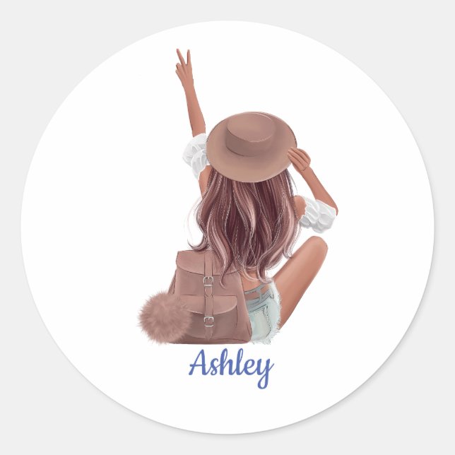 Cute Girl with Backpack Travel Personalized Classic Round Sticker (Front)