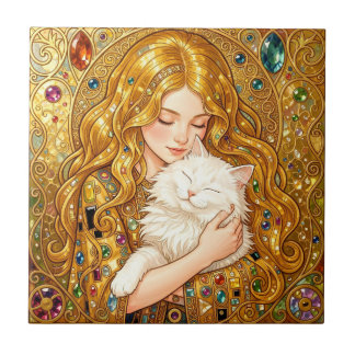 Cute Girl With Cat Art Nouveau Gustav Klimt Style Tile