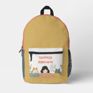 Cute Girl with Cats Custom Name Whimsical Printed Backpack