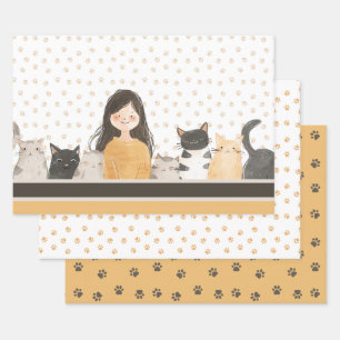 Cute Girl with Cats Earth Colours Paw Pattern Wrapping Paper Sheet