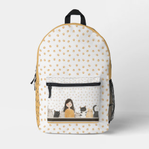 Cute Girl with Cats Paw Pattern Whimsical Printed Backpack