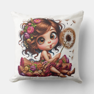 CUTE GIRL WITH DANDELION & FLORAL DRESS THROW PILLOW