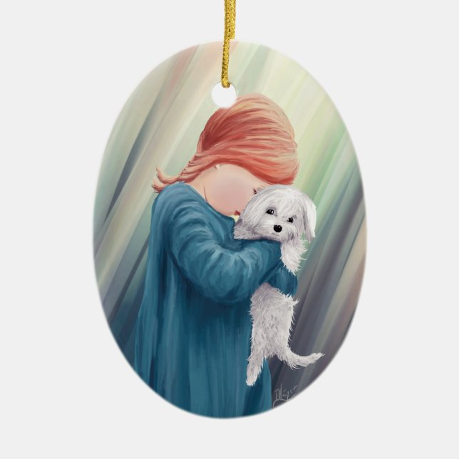 Cute Girl with Dog Ceramic Ornament (Front)
