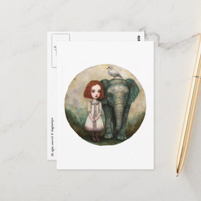 Cute Girl With Elephant and Bird Postcard (Front/Back In Situ)