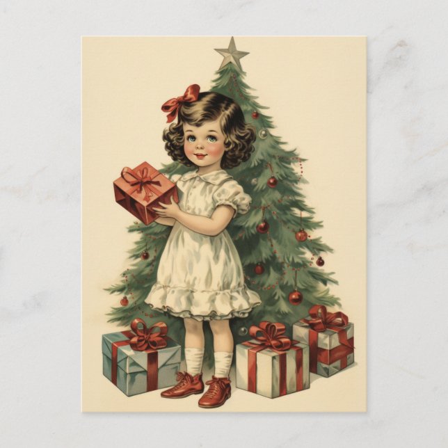 Cute Girl with Gifts Mid-Century Style Holiday Postcard (Front)