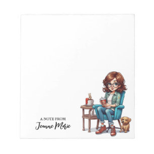Cute Girl With Glasses Coffee And Dog Personalised Notepad