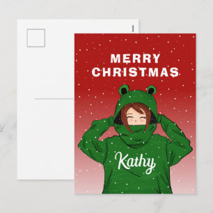 Cute Girl with Green Frog Hoodie Drawing Christmas Holiday Postcard