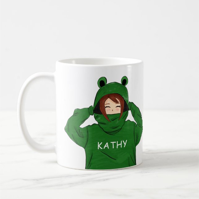Cute Girl with Green Frog Hoodie Drawing Coffee Mug (Left)