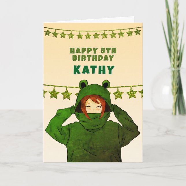 Cute Girl with Green Frog Hoody Drawing Birthday Card (Front)