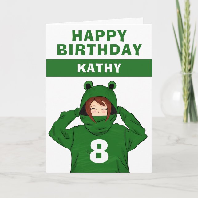 Cute Girl with Green Frog Hoody Drawing Birthday   Card (Front)