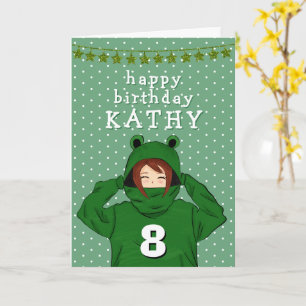 Cute Girl with Green Frog Hoody Drawing Birthday Card