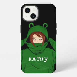 Cute Girl with Green Frog Hoody Drawing Black iPhone 13 Case