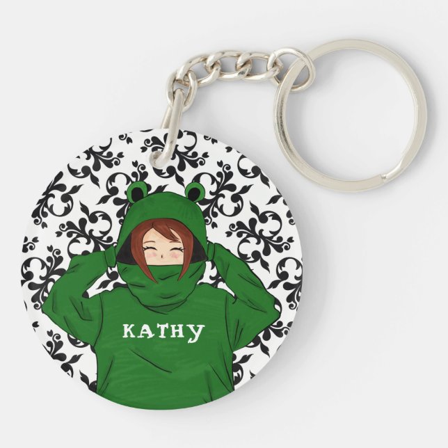 Cute Girl with Green Frog Hoody Drawing  Keychain (Back)