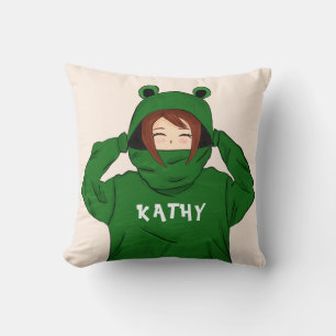 Cute Girl with Green Frog Hoody Drawing Name Throw Pillow