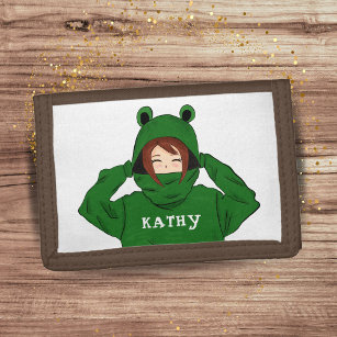 Cute Girl with Green Frog Hoody Drawing  Trifold Wallet