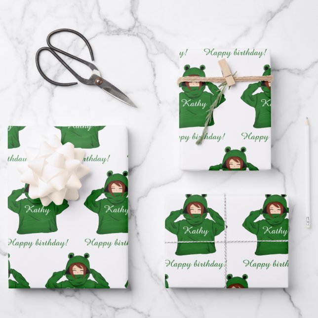 Cute Girl with Green Frog Hoody Drawing Wrapping Paper Sheet (Front)