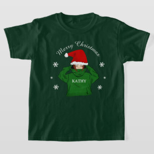 Cute Girl with Green Hoodie Santa Hat Christmas T-Shirt