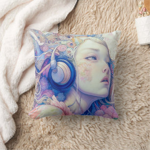 Cute Girl with Headphone Music Modern Artwork Throw Pillow