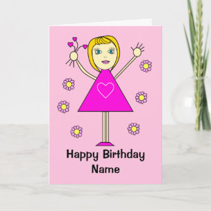 Cute Girl with Hearts Pink Cartoon Birthday Card